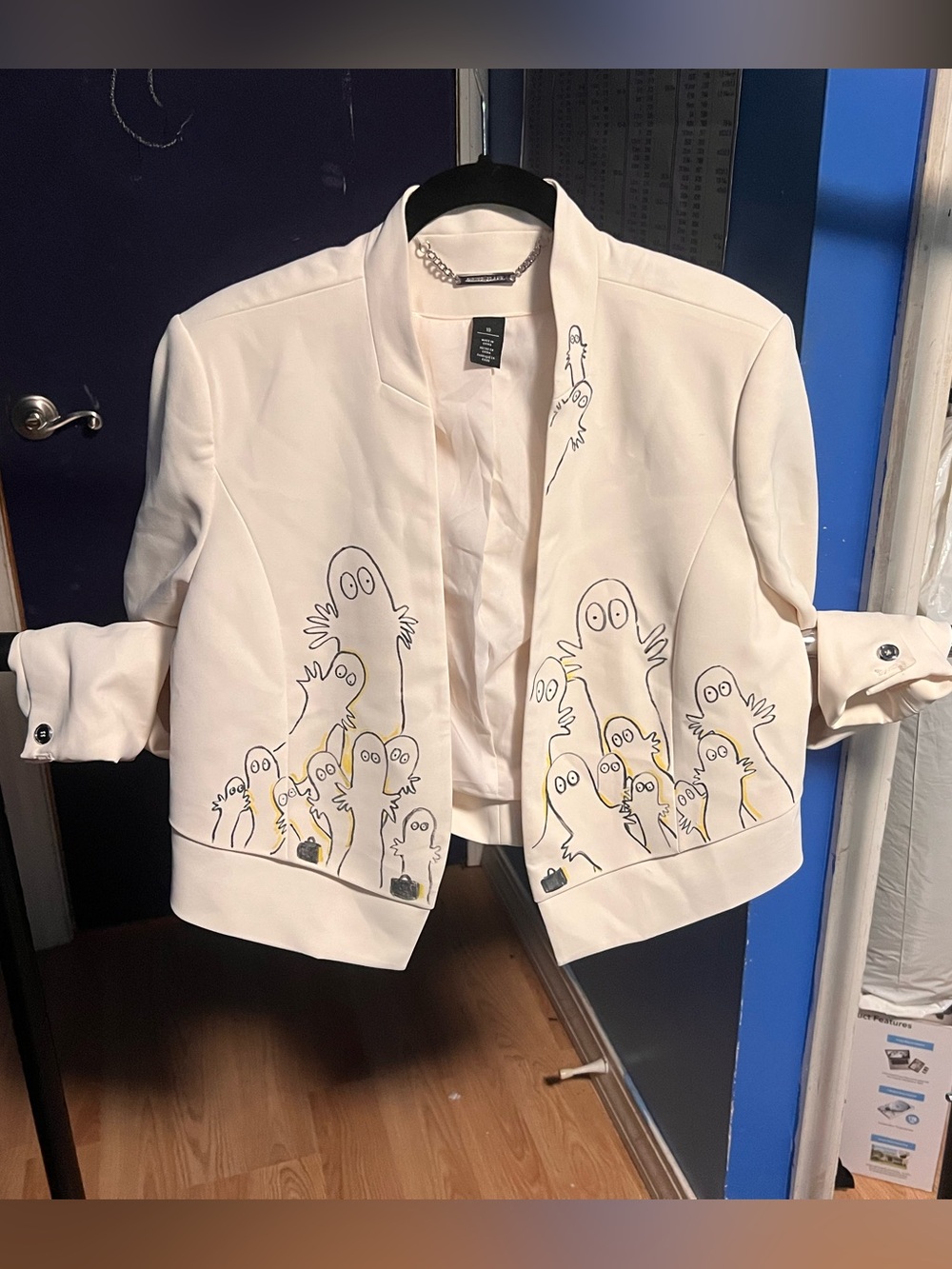 White House Black Market Cream Cartoon-Print Cropped Blazer